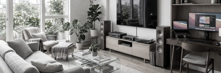 Wohnzimmer mit Mediengeräten TV, Musik und Computer